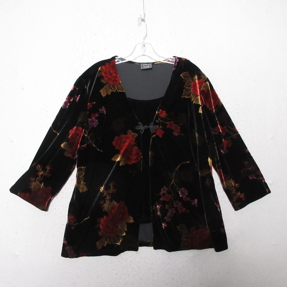Laura Scott Kimono Black Velvet Floral Whimsigoth Grunge Goth Elegant Y2K Artsy